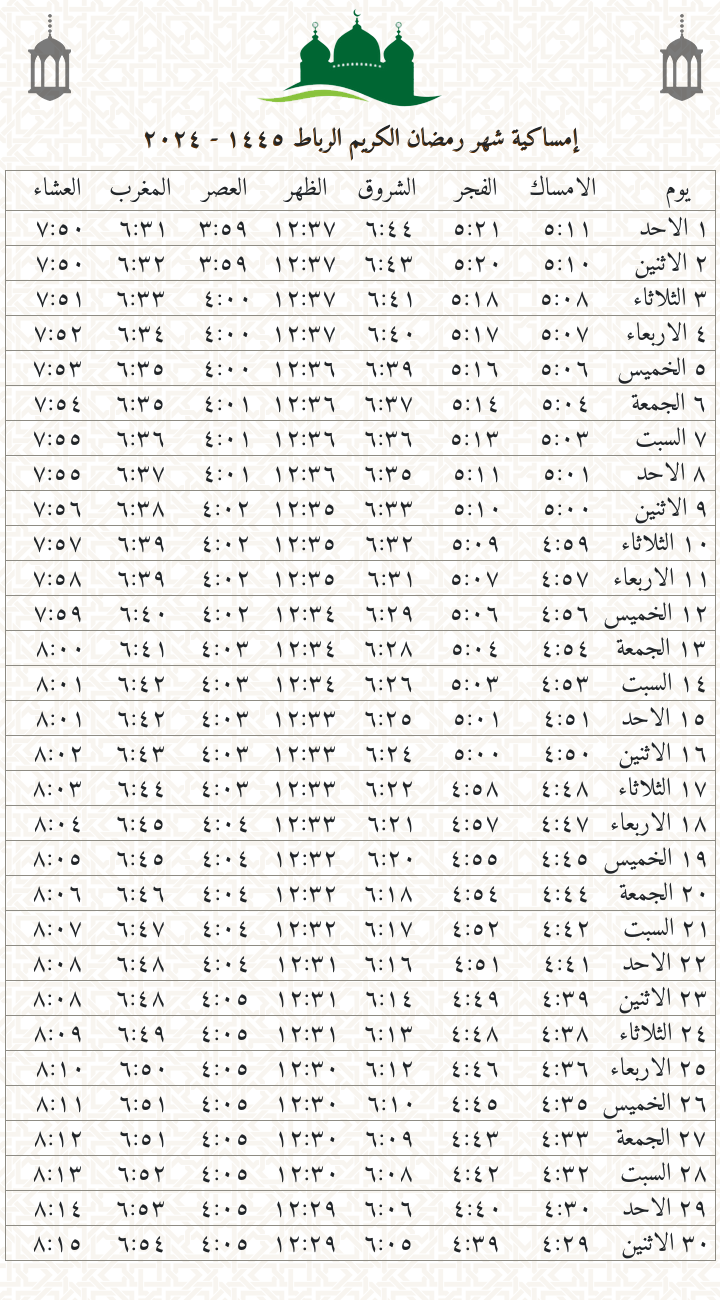 إمساكية رمضان في المغرب كاملة 1446/2025